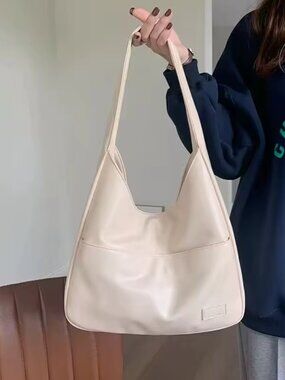 Cream Faux Leather Shoulder Tote Bag